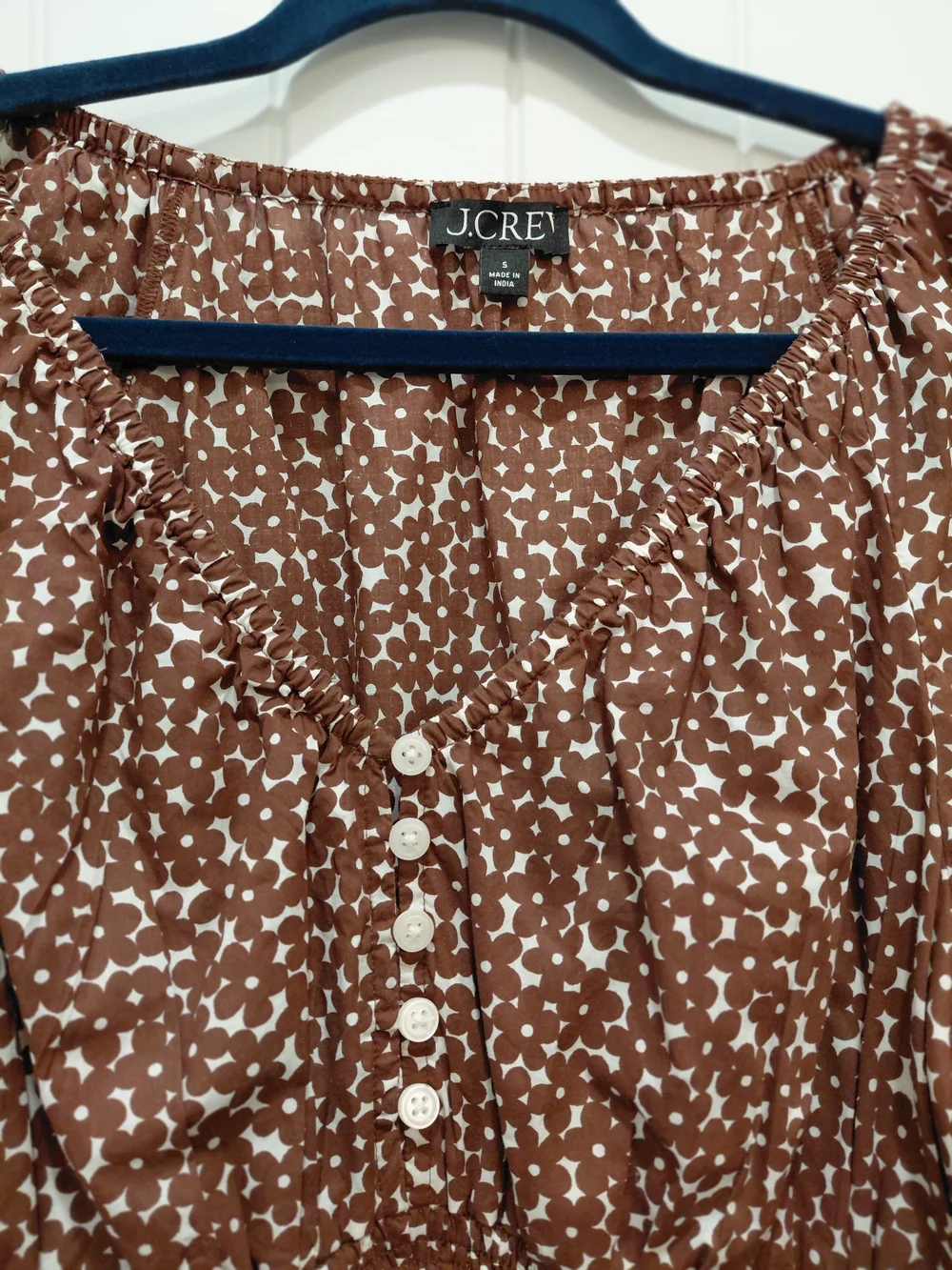 J. Crew Brown and White Printed Smocked Peasant Blouse #0958
